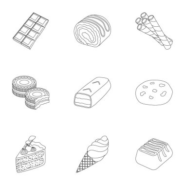 Çikolatalı tatlılar kümesi. Çikolata ürünleri insanlar için. Anahat stili vektör simge stok çizim üzerinde küme koleksiyon simgesinde çikolata tatlılar.
