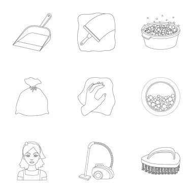 Temizleme, yıkama ve her şey onunla bağlantılı. Temizlik için simgeler kümesi. Anahat stili vektör simge stok çizim üzerinde küme koleksiyon temizlik ve hizmetçi simgesini.