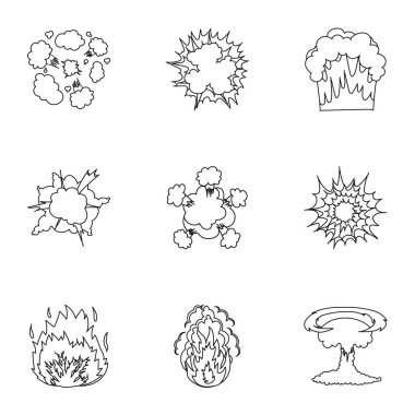 Simgeleri patlama hakkında bir dizi. Çeşitli patlamalar, duman ve ateş bulutu. Anahat stili vektör simge stok çizim üzerinde küme koleksiyon simgesinde patlamalar.
