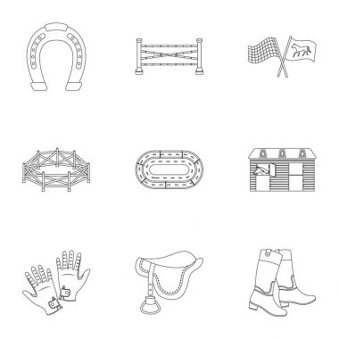 Yarışları at sırtında, Hipodrom. Yarış ve biniciler teçhiz at. Anahat stili vektör simge stok çizim üzerinde küme koleksiyon Hipodrom ve at simgesini.