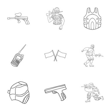 Resimler hakkında paintball oyun topluluğu. Boya balonlarla. Anahat stili vektör simge stok çizim üzerinde küme koleksiyon simgesinde paintball.