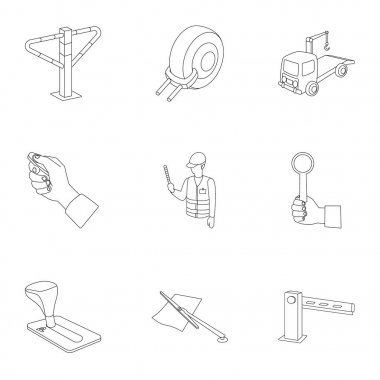 Park araba ve bisiklet için simgeler kümesi. Para cezaları ve park unsurları. Anahat stili vektör simge stok çizim üzerinde set koleksiyonundaki bölge simgesi otopark.