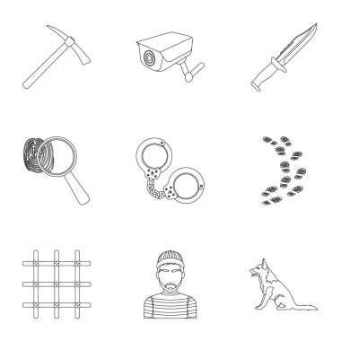 Kümesini tek bir hapishane ve mahkumlar hakkında. Gözetim hırsızlar, mahkeme, suç ve ceza. Anahat stili vektör simge stok çizim üzerinde küme koleksiyon hapishane simgesini.