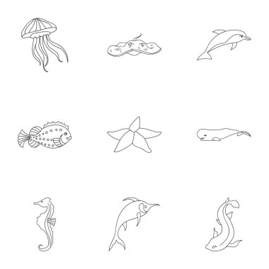 Deniz ve nehir sakinleri. Balık, balinalar, ahtapot. Deniz hayvanları kutsal kişilerin resmi içinde anahat stili vektör simge stok çizim üzerinde küme koleksiyon.