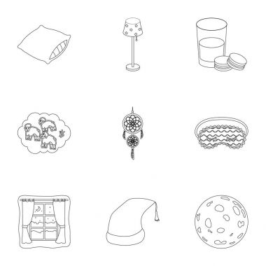 Resimleri bir tema bir rüya geri kalanı üzerinde bir set. Geri kalanı için yatak aksesuarlar. Anahat stili vektör simge stok çizim üzerinde küme koleksiyon uyku ve dinlenme simgesini.