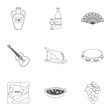 İspanya resimleri bir set. İspanya, Çingeneler, gitar, dansları görülecek. Anahat stili vektör simge stok çizim üzerinde küme koleksiyon İspanya ülke simgesi.