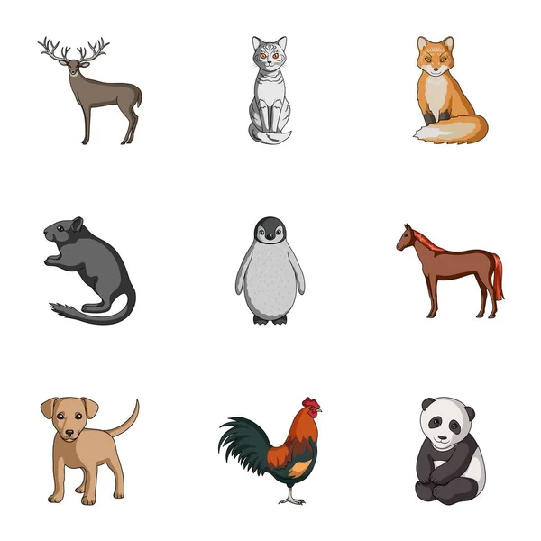 Ciervo, tigre, vaca, gato, gallo, búho y otras especies de animales.Los animales establecen iconos de colección en el estilo de dibujos animados vector símbolo stock ilustración web . — Archivo Imágenes Vectoriales