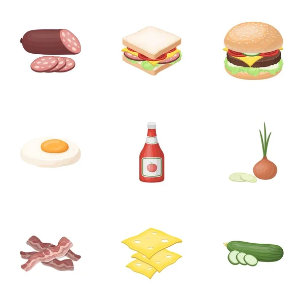 Een aantal foto's over hamburgers en ingrediënten voor een sandwich. Hamburgers ang ingrediënten pictogram in set collectie op cartoon stijl vector symbool stock illustratie. — Stockvector