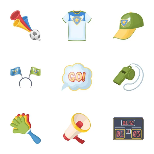 Una bufanda, un sombrero con cuernos y otros atributos de los fanáticos. Los fans establecen iconos de la colección en el estilo de dibujos animados vector símbolo stock ilustración web . — Vector de stock