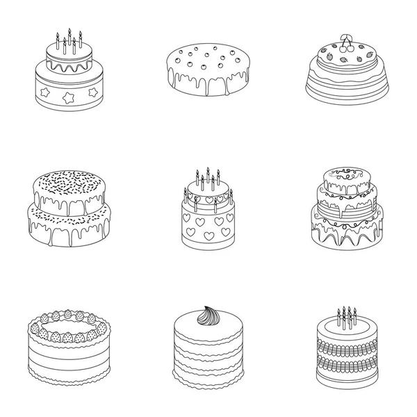 Pasteles para las fiestas. Un conjunto de dulces diferentes. Icono de tortas en la colección de conjunto en el estilo de contorno símbolo vectorial stock illustration . — Vector de stock