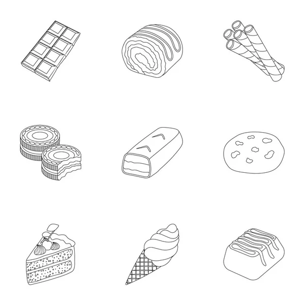 Eine Reihe von Schokoladenbonbons. Schokoladenprodukte für Menschen. Schokolade Desserts Symbol in Set Sammlung auf Umriss Stil Vektor Symbol Stock Illustration. — Stockvektor