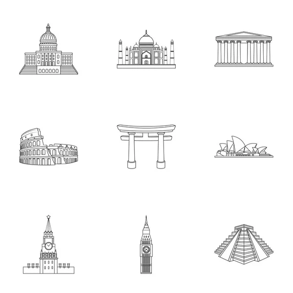 世界各国的目光。著名的建筑物和纪念碑的不同国家和城市。国家中对大纲样式矢量符号股票插画集集合图标. — 图库矢量图片