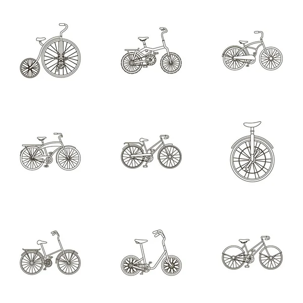 Colección de bicicletas con diferentes ruedas y monturas. Diferentes bicicletas para el deporte y walks.Different icono de la bicicleta en la colección de conjunto en el estilo de contorno símbolo vectorial stock illustration . — Archivo Imágenes Vectoriales