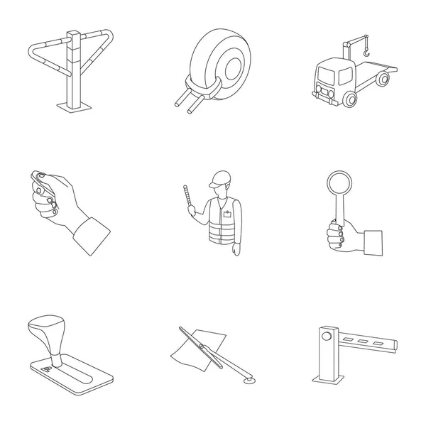 Zestaw ikon dla parkowania samochodów i rowerów. Grzywien i elementy z parkingiem. Parking ikonę strefy w zestaw kolekcji na zarys styl wektor symbol ilustracji. — Wektor stockowy