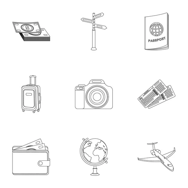 Conjunto de iconos sobre el tema del descanso. Viajar al extranjero. Descanso ang icono de viaje en la colección de conjuntos en el esquema de estilo vector símbolo stock ilustración . — Vector de stock