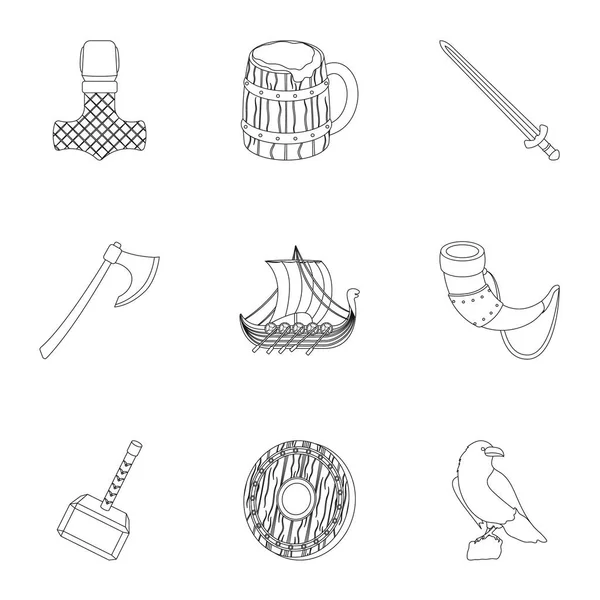 Guerreiros antigos dos Vikings na nave. Roupa e símbolos do ícone Vikings.Vikings na coleção de conjuntos na ilustração de estoque de símbolo de vetor de estilo de contorno . — Vetor de Stock