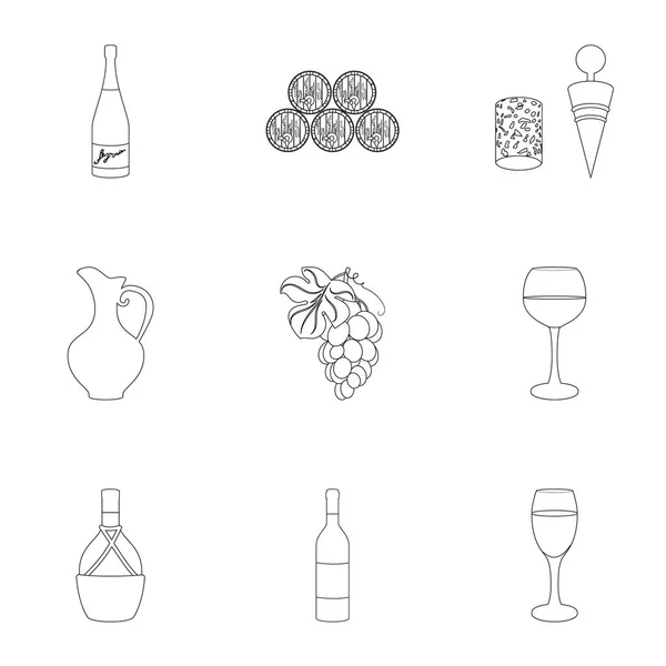 Şarap ürünleri. Büyüyen üzüm, şarap. Anahat stili vektör simge stok çizim üzerinde küme koleksiyon asma üretim simgesini. — Stok Vektör