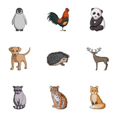 Geyik, kaplan, inek, kedi, horoz, baykuş ve diğer hayvan türleri. Hayvan toplama simgeler karikatür tarzı vektör simge stok çizim web içinde ayarla..