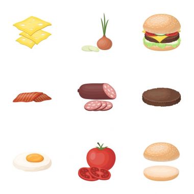 Resimleri Burger ve bir sandviç için malzemeler hakkında bir set. Burger ang malzemeler simgesinde karikatür tarzı vektör simge stok çizim üzerinde küme koleksiyon.