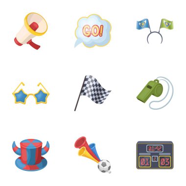 Bir eşarp, boynuzları olan bir şapka ve diğer öznitelikleri fanlar. Hayranları toplama simgeler karikatür tarzı vektör simge stok çizim web içinde ayarla..