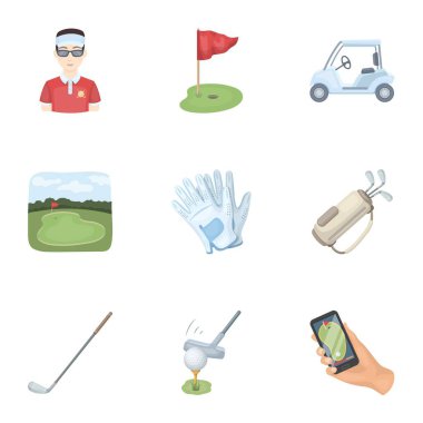 Bir golfçü, bir top, bir kulüp ve diğer golf öznitelikleri. Golf club toplama simgeler karikatür tarzı vektör simge stok çizim web içinde ayarla..