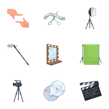 Bir film kamera, bir ışıldak, bir chromakey ve diğer ekipmanları sinema için. Toplama simgeler karikatür tarzı vektör simge stok çizim web içinde ayarla filmini.