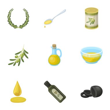 Zeytin, ağaç, dal ve diğer ürünlerinden zeytin. Zeytin toplama simgeler karikatür tarzı vektör simge stok çizim web içinde ayarla..