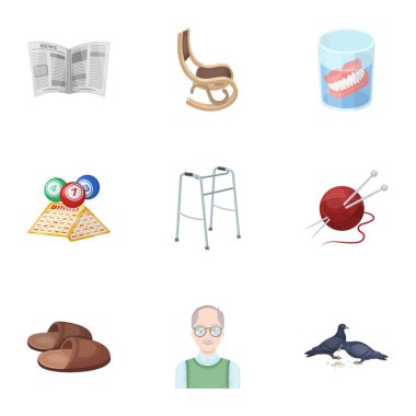 Koltuk, terlik, tonometer ve diğer öznitelikleri yaşlılık. Yaşlılık toplama simgeler karikatür tarzı vektör simge stok çizim web içinde ayarla..
