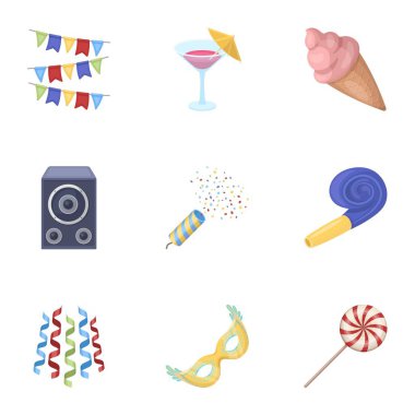 Çelenk, kokteyl ve parti diğer aksesuarları. Parti ve partits simgeler karikatür tarzı vektör simge stok çizim web içinde ayarla.