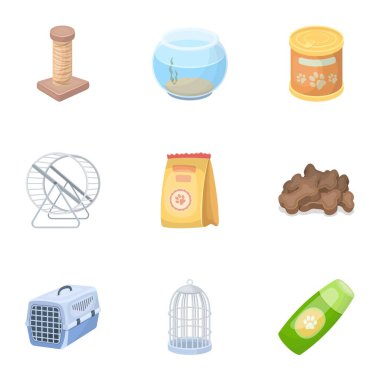 Yaka, evde beslenen hayvan yiyecek ve diğer ürünler. Evde beslenen hayvan dükkan toplama simgeler karikatür tarzı vektör simge stok çizim web içinde.
