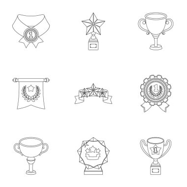 Ödülleri, altın madalya ve kupaları yarışmalar ve yarışmalarda ödül olarak. Anahat stili vektör simge stok çizim üzerinde küme koleksiyon kupalar ve ödüller simgesini.