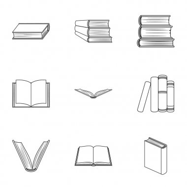 Bir dizi fotoğraf kitap ile. Kitap, defter, çalışmalar. Anahat stili vektör simge stok çizim üzerinde küme koleksiyon kitap simgesini.