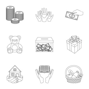 Charitable Foundation. Icons on helping people and donation.Charity and donation icon in set collection on outline style vector symbol stock illustration. clipart