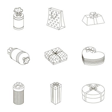 Bir dizi fotoğraf hediyeler. Farklı tatil, sürpriz hediyeler. Hediye paketleme. Hediyeler ve sertifika simge anahat stil vektör üzerinde küme koleksiyon içinde hisse senedi illüstrasyon simgesi.