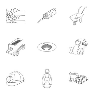 Maden hakkında simgeler kümesi. Kömür, mineraller, madenciler korunması çıkarma. Kömür işlenmesi. Anahat stili vektör simge stok çizim üzerinde küme koleksiyon simgesinde industral benim.