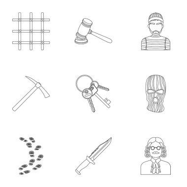 Kümesini tek bir hapishane ve mahkumlar hakkında. Gözetim hırsızlar, mahkeme, suç ve ceza. Anahat stili vektör simge stok çizim üzerinde küme koleksiyon hapishane simgesini.