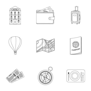 Geri kalan konulu simgeler kümesi. Yurtdışında seyahat. Geri kalan ang seyahat simgesinde anahat stili vektör simge stok çizim üzerinde küme koleksiyon.