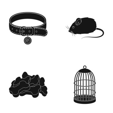 Tasma, bir yem, bir oyuncak, bir kafes ürünleri ve hayvanat bahçesi mağaza. Evde beslenen hayvan dükkan toplama simgeler siyah stil vektör simge stok çizim web içinde.