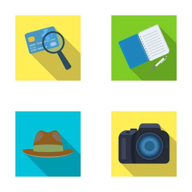 Kamera, Büyüteç, şapka, defter kalem ile. Dedektif toplama simgeler düz stil vektör simge stok çizim web içinde ayarla..