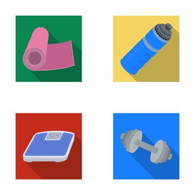 Bir halter, halı ve diğer ekipman eğitim için. Spor ve egzersiz toplama simgeler düz stil vektör simge stok çizim web ayarla.