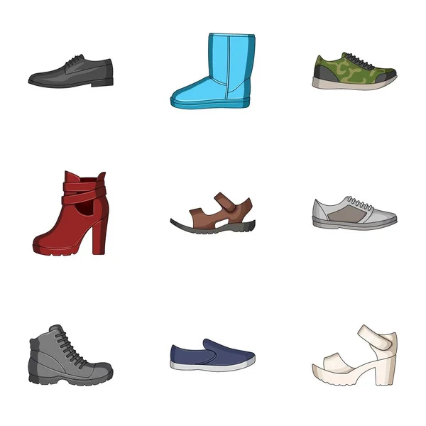 Eine Reihe von Symbolen auf einer Vielzahl von Schuhen. Verschiedene Schuhe einzelne Symbol im Cartoon-Stil Vektor Symbol Stock Illustration. — Stockvektor