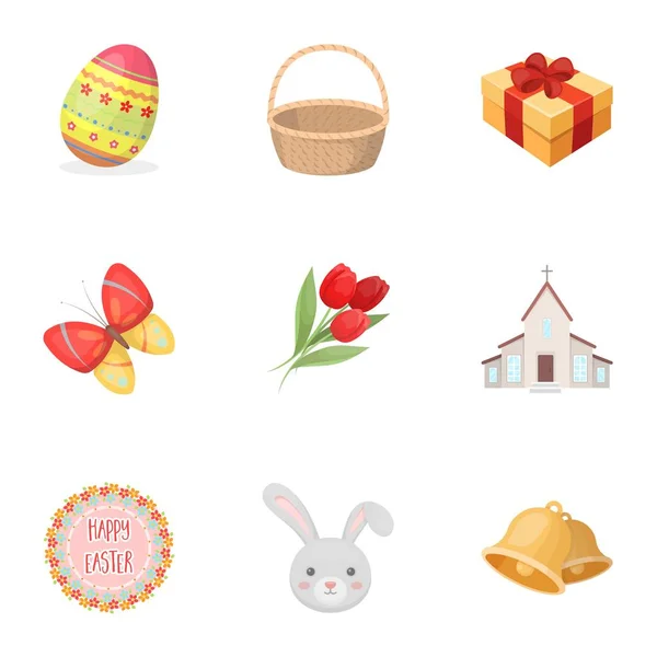Pastel de Pascua, pollo, mariposa y la colección sign.Easter conjunto iconos en el estilo de dibujos animados vector símbolo stock ilustración web . — Vector de stock