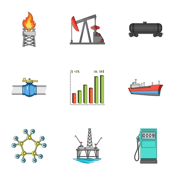 Ölplattform, Pumpe und andere Ausrüstung für die Ölgewinnung, -verarbeitung und -lagerung. Öl Set Sammlung Symbole im Cartoon-Stil Vektor-Symbol Stock Illustration Web. — Stockvektor