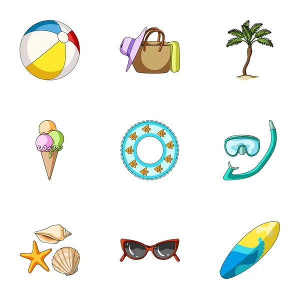 Playa, palmera, helado. vacaciones de verano conjunto de iconos de la colección en el estilo de dibujos animados vector símbolo stock ilustración web . — Archivo Imágenes Vectoriales