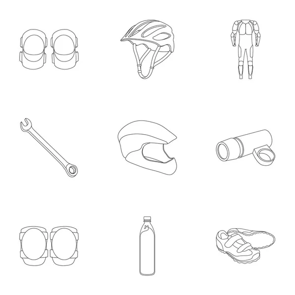 Iconos de Ciclismo, bicicleta. Set para bicicleta, protección mochila, reparación, forma. Icono de traje de ciclista en la colección de conjuntos en la ilustración de stock de símbolo de vector de estilo de esquema . — Vector de stock