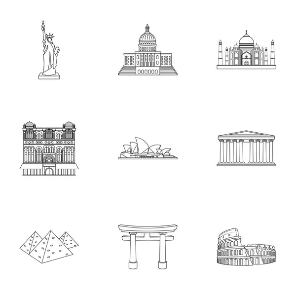 Visites des pays du monde. Bâtiments et monuments célèbres de différents pays et villes. Icône des pays dans la collection définie sur l'illustration vectorielle de style contour . — Image vectorielle