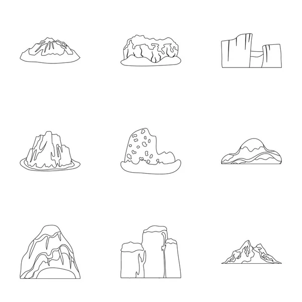 Serie di icone su montagne diverse. Inverno, montagne estive in un'unica collezione.Diverse montagne icona in collezione set sul profilo stile vettore simbolo stock illustrazione . — Vettoriale Stock