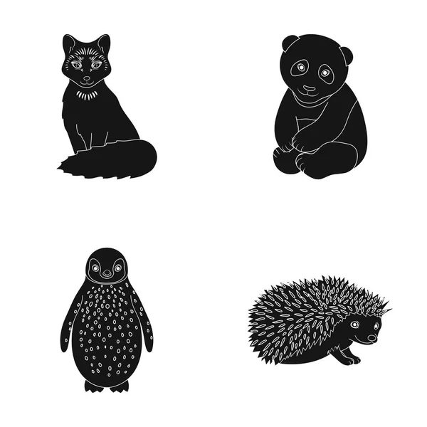 フォックス、パンダ、ハリネズミ、ペンギンや他の動物。動物は黒スタイル ベクトル シンボル ストック イラスト web でコレクションのアイコンを設定します。. — ストックベクタ