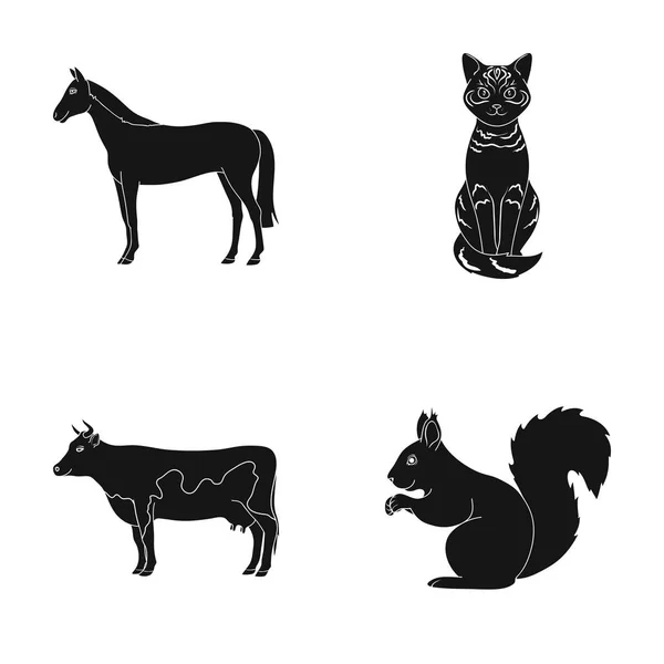 马、 牛、 猫、 鼠和其他种类的动物。动物中的黑色风格矢量符号股票图 web 设置集合图标. — 图库矢量图片