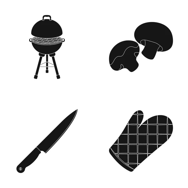 Barbeque grill, pieczarki, nóż, rękawiczka sprzęt do grillowania. BBQ kolekcja zestaw ikon w czarny styl symbol wektor czas ilustracja, www — Wektor stockowy